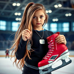 An eye-catching image of a girl with long, flowing hair standing confidently while holding a pair of dog tags in one hand and a set of colorful hockey skates in the other