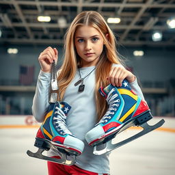 An eye-catching image of a girl with long, flowing hair standing confidently while holding a pair of dog tags in one hand and a set of colorful hockey skates in the other
