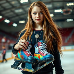 An eye-catching image of a girl with long, flowing hair standing confidently while holding a pair of dog tags in one hand and a set of colorful hockey skates in the other