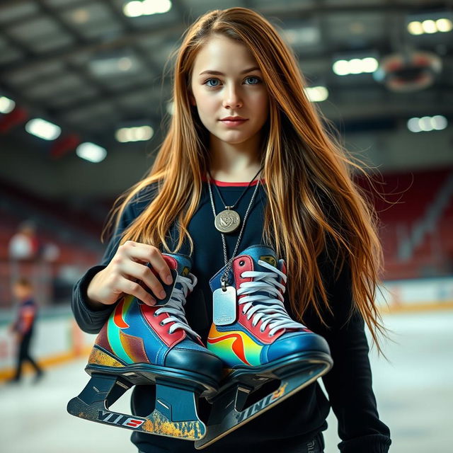 An eye-catching image of a girl with long, flowing hair standing confidently while holding a pair of dog tags in one hand and a set of colorful hockey skates in the other