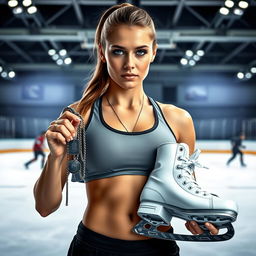 A powerful image of a woman standing with confidence, holding a pair of dog tags in one hand and a bright set of hockey skates in the other