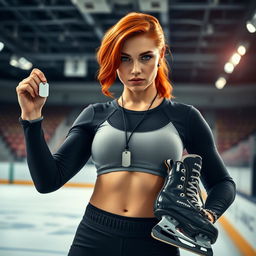 A powerful image of a red-haired woman standing confidently in a hockey arena