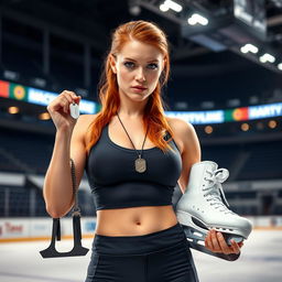 A powerful image of a red-haired woman standing confidently in a hockey arena