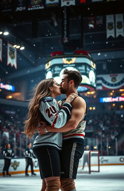 A passionate romantic scene set in an ice hockey rink, featuring a couple embracing passionately on the rink