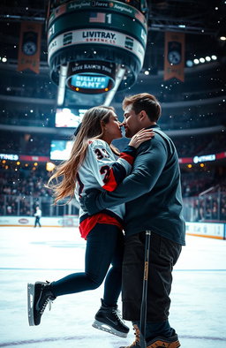 A passionate romantic scene set in an ice hockey rink, featuring a couple embracing passionately on the rink