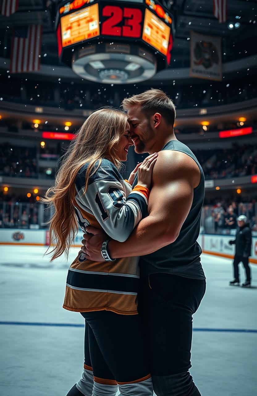 A passionate romantic scene set in an ice hockey rink, featuring a couple embracing passionately on the rink