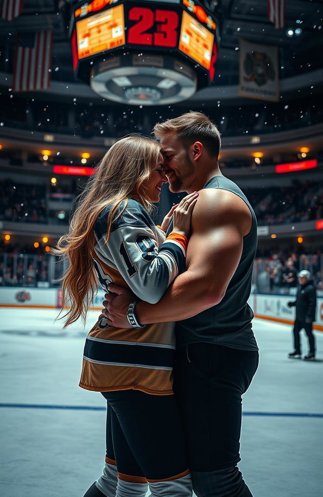 A passionate romantic scene set in an ice hockey rink, featuring a couple embracing passionately on the rink
