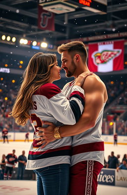 A passionate romantic scene set in an ice hockey rink, featuring a couple embracing passionately on the rink