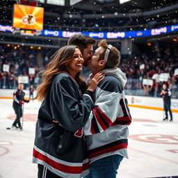A tender romantic moment set in an ice hockey rink, capturing a couple sharing an intimate kiss on the ice