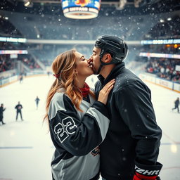 A tender romantic moment set in an ice hockey rink, capturing a couple sharing an intimate kiss on the ice