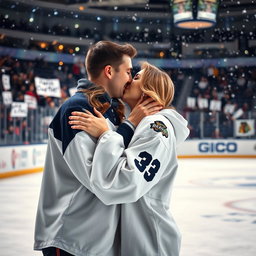 A tender romantic moment set in an ice hockey rink, capturing a couple sharing an intimate kiss on the ice