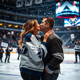 A tender romantic moment set in an ice hockey rink, capturing a couple sharing an intimate kiss on the ice