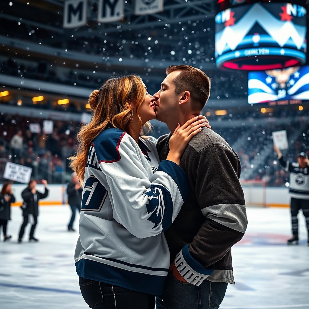 A tender romantic moment set in an ice hockey rink, capturing a couple sharing an intimate kiss on the ice