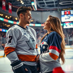 A romantic scene in an ice hockey rink, featuring a stunningly attractive man in a fitted hockey jersey and gear, showcasing his athletic build