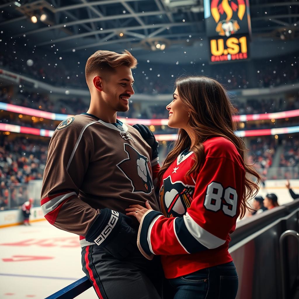 A romantic scene in an ice hockey rink, featuring a stunningly attractive man in a fitted hockey jersey and gear, showcasing his athletic build