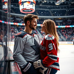 A romantic scene in an ice hockey rink, featuring a stunningly attractive man in a fitted hockey jersey and gear, showcasing his athletic build