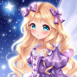 An enchanting anime girl with long, wavy, curly blonde hair that cascades elegantly down her back
