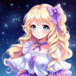 An enchanting anime girl with long, wavy, curly blonde hair that cascades elegantly down her back