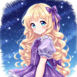 An enchanting anime girl with long, wavy, curly blonde hair that cascades elegantly down her back