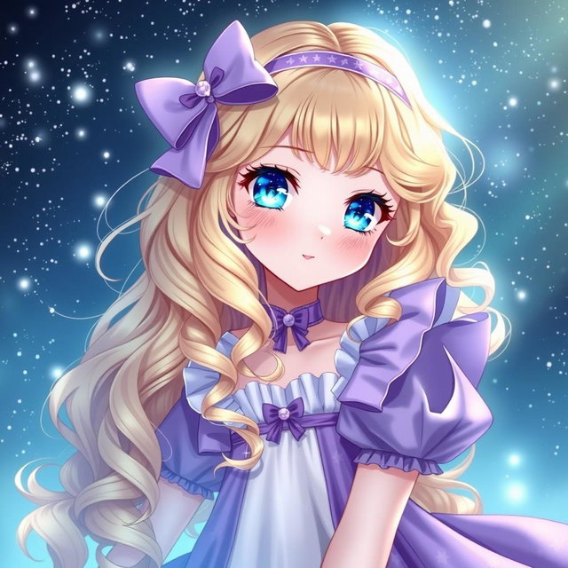An enchanting anime girl with long, wavy, curly blonde hair that cascades elegantly down her back