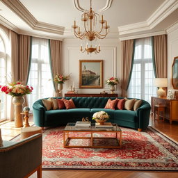 A stunning, elegant luxury living room, featuring high-end furniture, rich textures, and tasteful decor