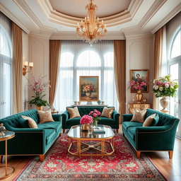 A stunning, elegant luxury living room, featuring high-end furniture, rich textures, and tasteful decor