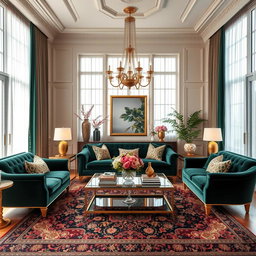 A stunning, elegant luxury living room, featuring high-end furniture, rich textures, and tasteful decor