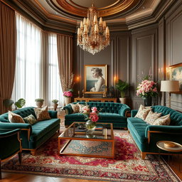 A stunning, elegant luxury living room, featuring high-end furniture, rich textures, and tasteful decor