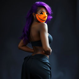 A slim thick, chocolate toned African American woman with a slim waist and vibrant purple hair, styled artistically