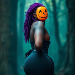 A slim thick, chocolate toned African American woman with a slim waist and vibrant purple hair, styled artistically