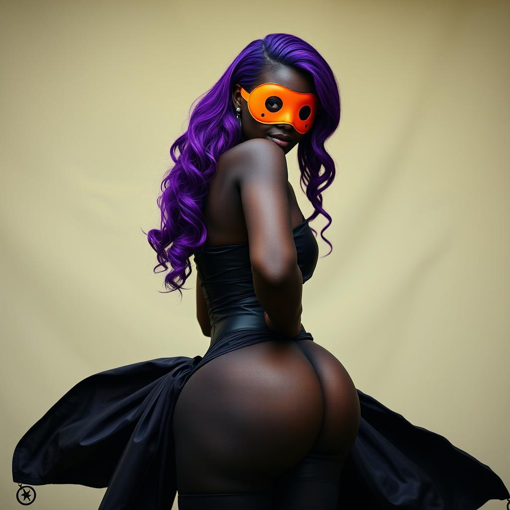 A slim thick, chocolate toned African American woman with a slim waist and vibrant purple hair, styled artistically