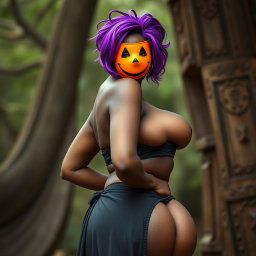 A slim thick, chocolate toned African American woman with a slim waist and vibrant purple hair, styled artistically