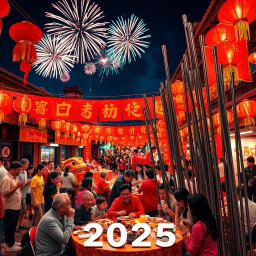 A vibrant and lively celebration of Chinese New Year in 2025, featuring traditional decorations such as red lanterns and banners with golden characters