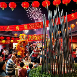 A vibrant and lively celebration of Chinese New Year in 2025, featuring traditional decorations such as red lanterns and banners with golden characters