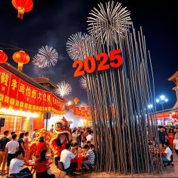 A vibrant and lively celebration of Chinese New Year in 2025, featuring traditional decorations such as red lanterns and banners with golden characters