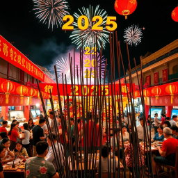 A vibrant and lively celebration of Chinese New Year in 2025, featuring traditional decorations such as red lanterns and banners with golden characters