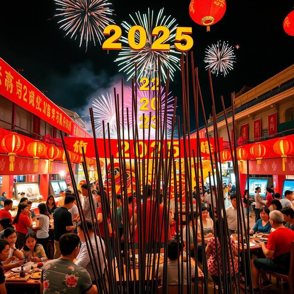 A vibrant and lively celebration of Chinese New Year in 2025, featuring traditional decorations such as red lanterns and banners with golden characters