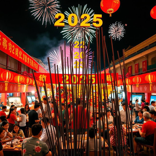 A vibrant and lively celebration of Chinese New Year in 2025, featuring traditional decorations such as red lanterns and banners with golden characters