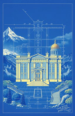 A meticulously detailed blueprint design, showcasing a grand architectural structure