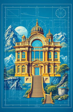A meticulously detailed blueprint design, showcasing a grand architectural structure