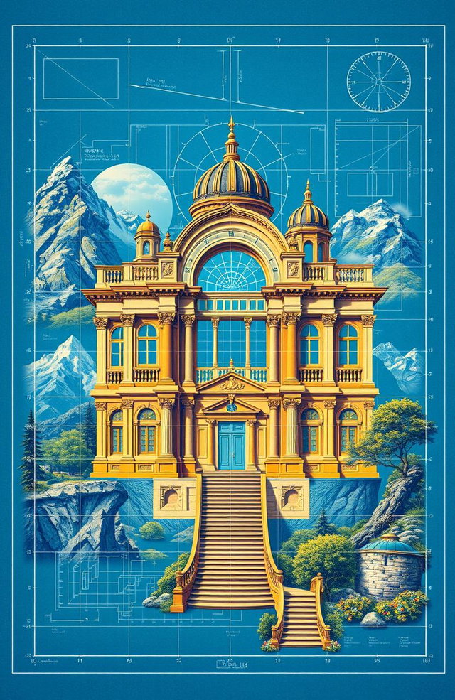 A meticulously detailed blueprint design, showcasing a grand architectural structure
