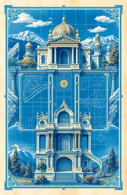 A meticulously detailed blueprint design, showcasing a grand architectural structure