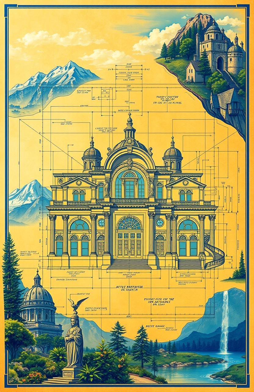 A meticulously detailed blueprint design, showcasing a grand architectural structure