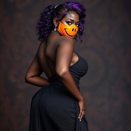 A slim thick, chocolate toned African American woman with a slim waist, styled with bold purple hair