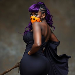 A slim thick, chocolate toned African American woman with a slim waist, styled with bold purple hair
