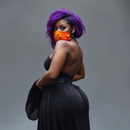 A slim thick, chocolate toned African American woman with a slim waist, styled with bold purple hair