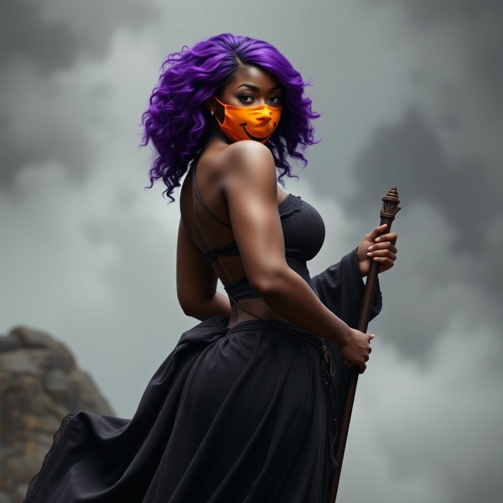 A slim thick, chocolate toned African American woman with a slim waist, styled with bold purple hair