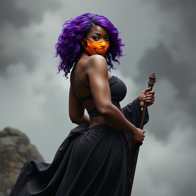 A slim thick, chocolate toned African American woman with a slim waist, styled with bold purple hair