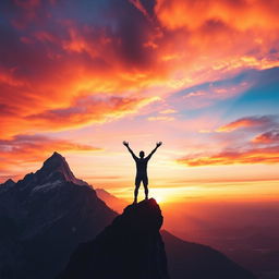 A striking representation of greatness, featuring a majestic mountain range under a vibrant sunset, symbolizing achievement and ambition