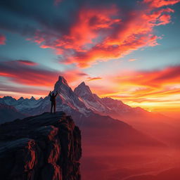 A striking representation of greatness, featuring a majestic mountain range under a vibrant sunset, symbolizing achievement and ambition